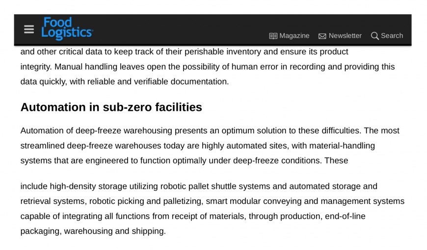 Automation of deep-freeze warehousing